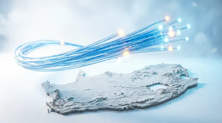Glowing fibre-optic strands sweeping over a 3D map of South Africa