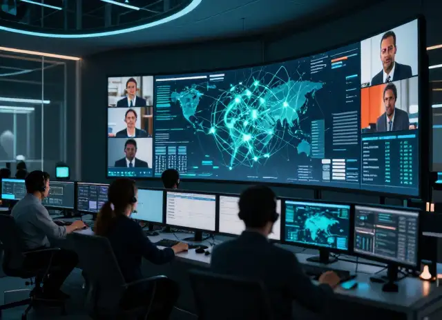 Fibre optic cables glowing blue and orange representing the DFA network infrastructure